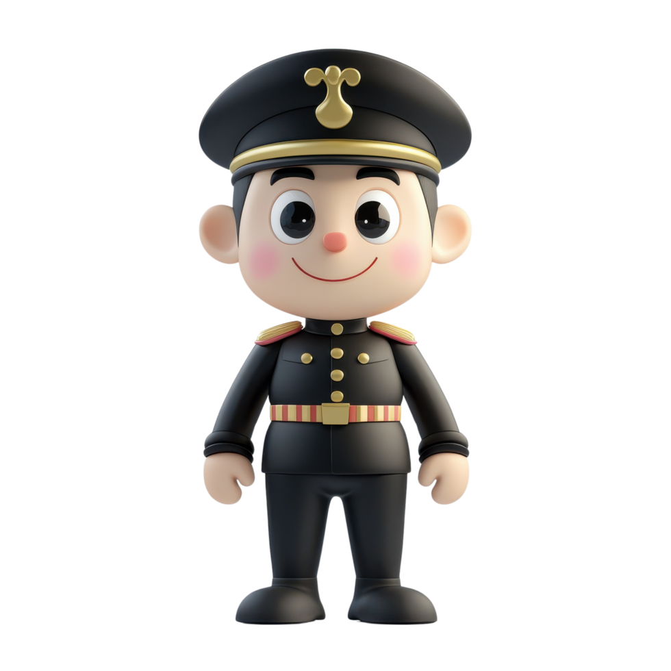 Smiling 3D Cartoon Style Toy Soldier with Friendly Face and Oversized Uniform, Isolated on Transparent Background png