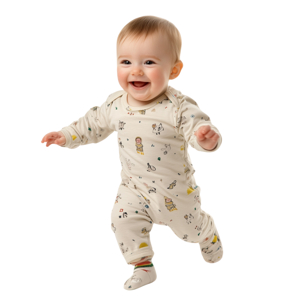 Happy Baby Taking First Steps with a Smile in a Cute Onesie Isolated on Transparent Background png