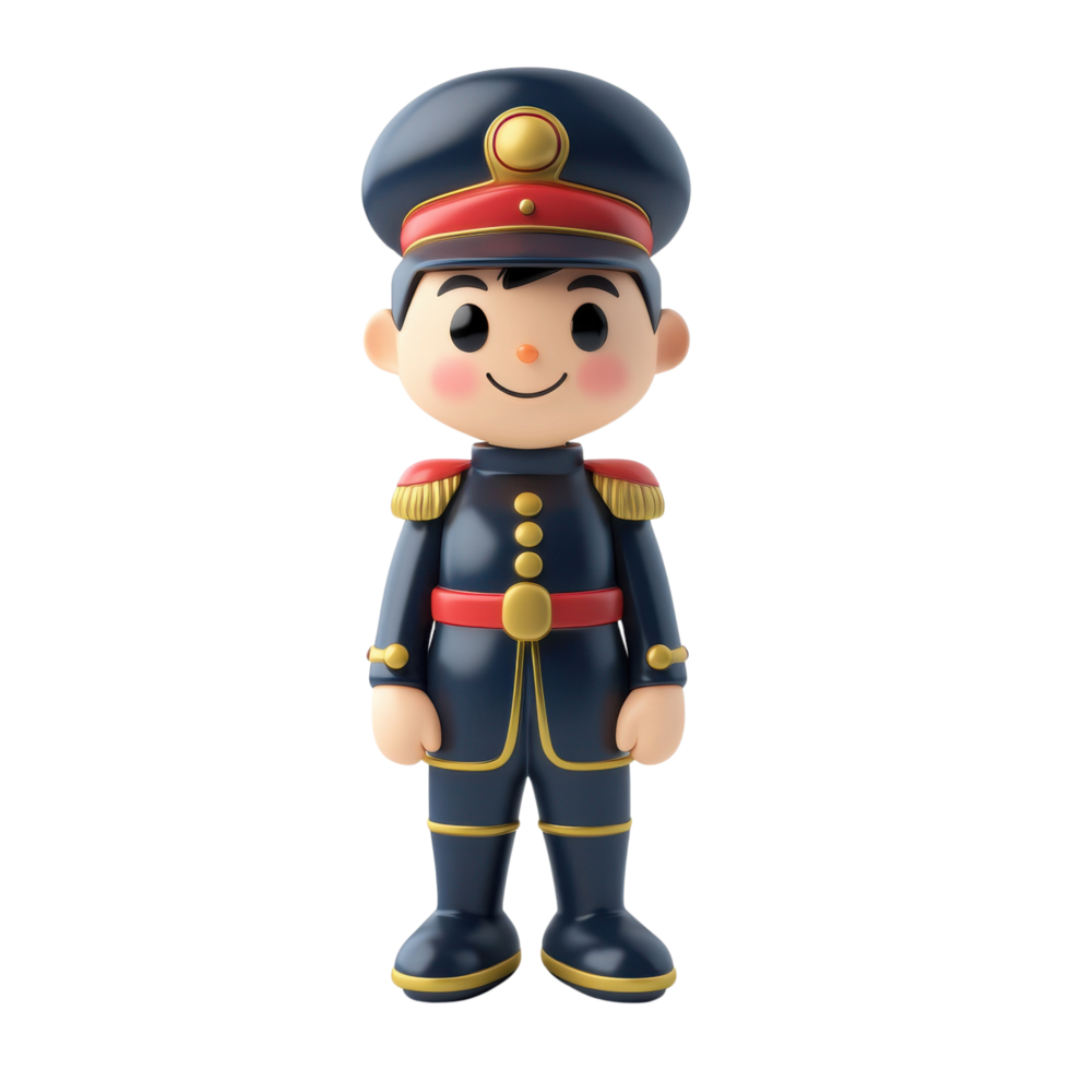 Cute 3D Cartoon Style Toy Soldier with Friendly Face and Oversized Uniform, Isolated on Transparent Background png