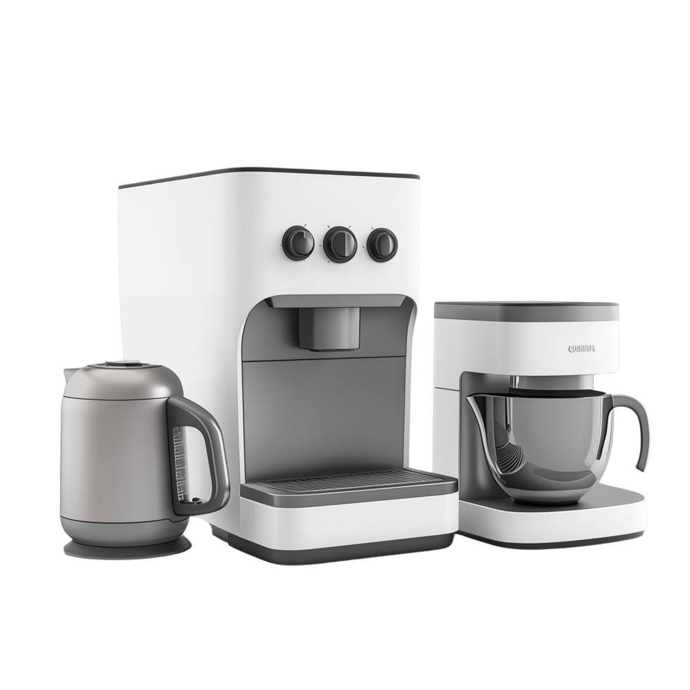 A 3D rendered modern kitchen appliance set with innovative features, including a blender, coffee maker, and toaster, isolated on transparent background png