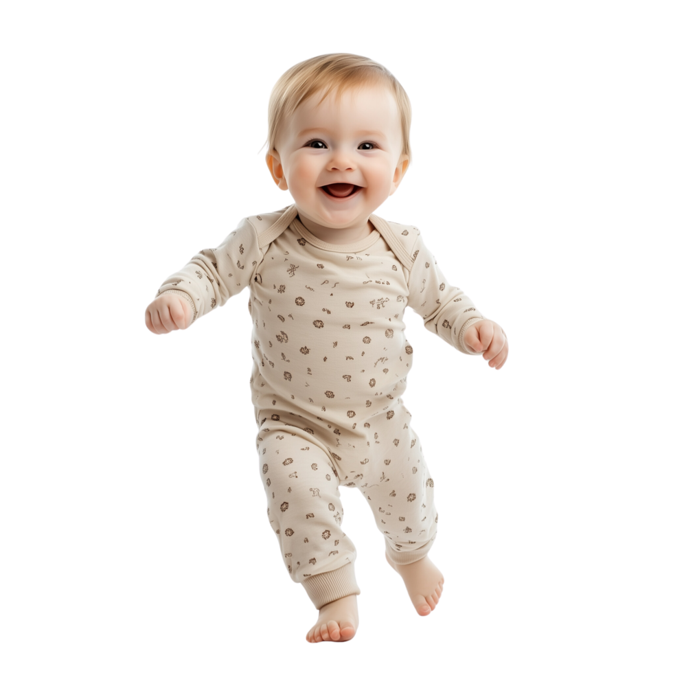 Adorable Baby Taking First Steps with a Big Smile in a Cute Onesie Isolated on Transparent Background png