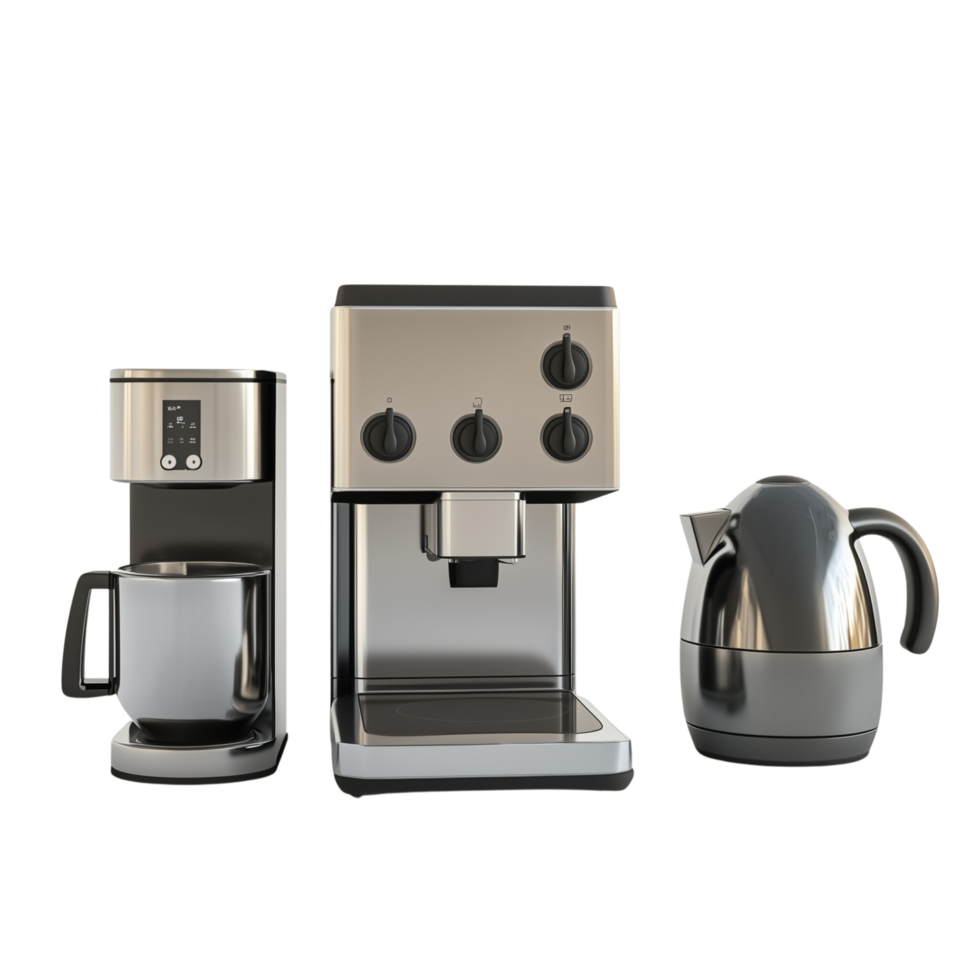 A 3D rendered modern kitchen appliance set with practical designs, including a mixer, toaster, and coffee maker, isolated on transparent background png