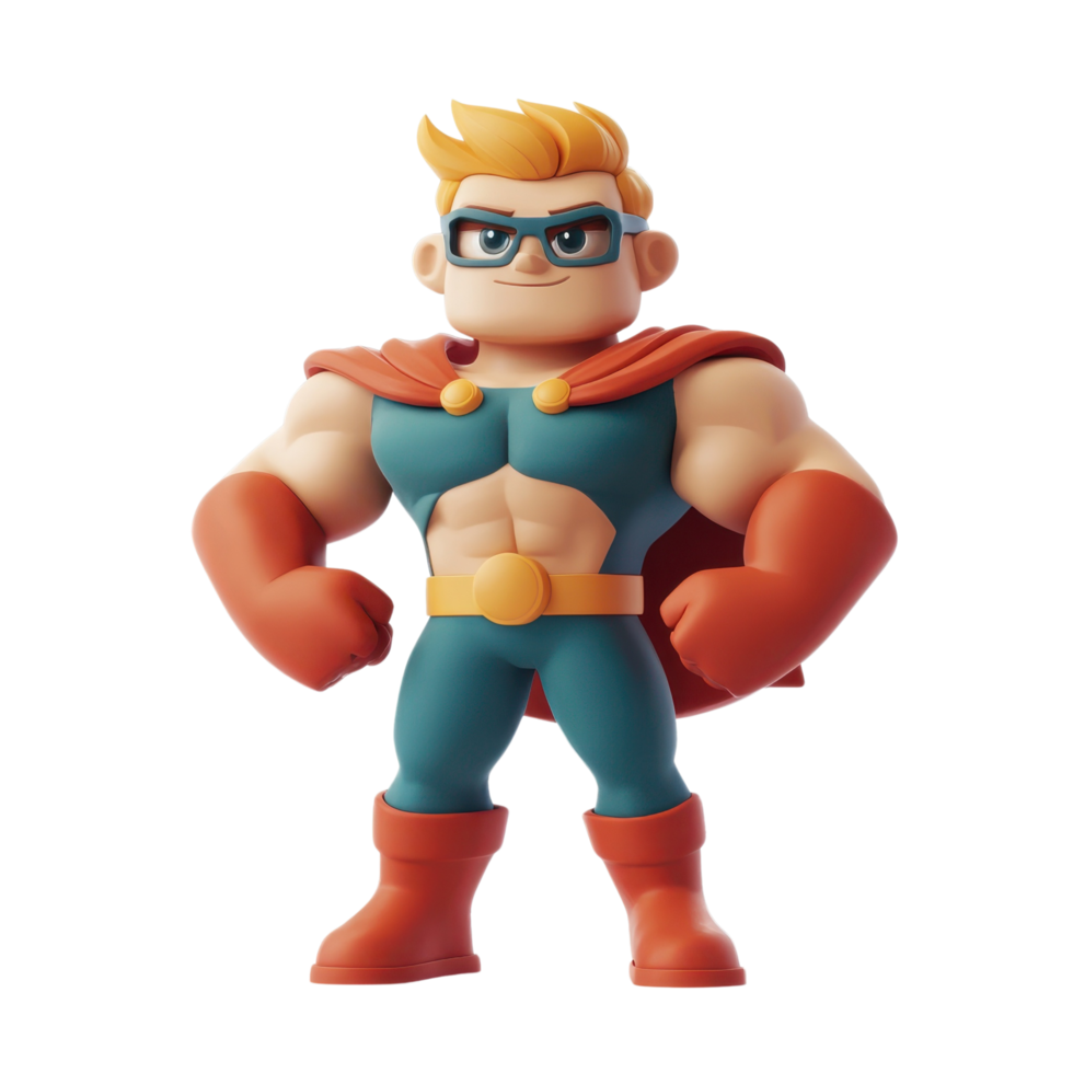 Heroic 3D Cartoon Style Superhero Action Figure with Exaggerated Muscles and Confident Pose, Isolated on Transparent Background png