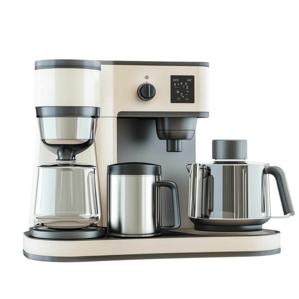 A 3D rendered modern kitchen appliance set, including a coffee maker, toaster, and blender, isolated on transparent background png