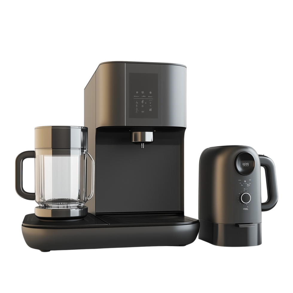 A 3D rendered modern kitchen appliance set showcasing a juicer, coffee maker, and microwave, isolated on transparent background png