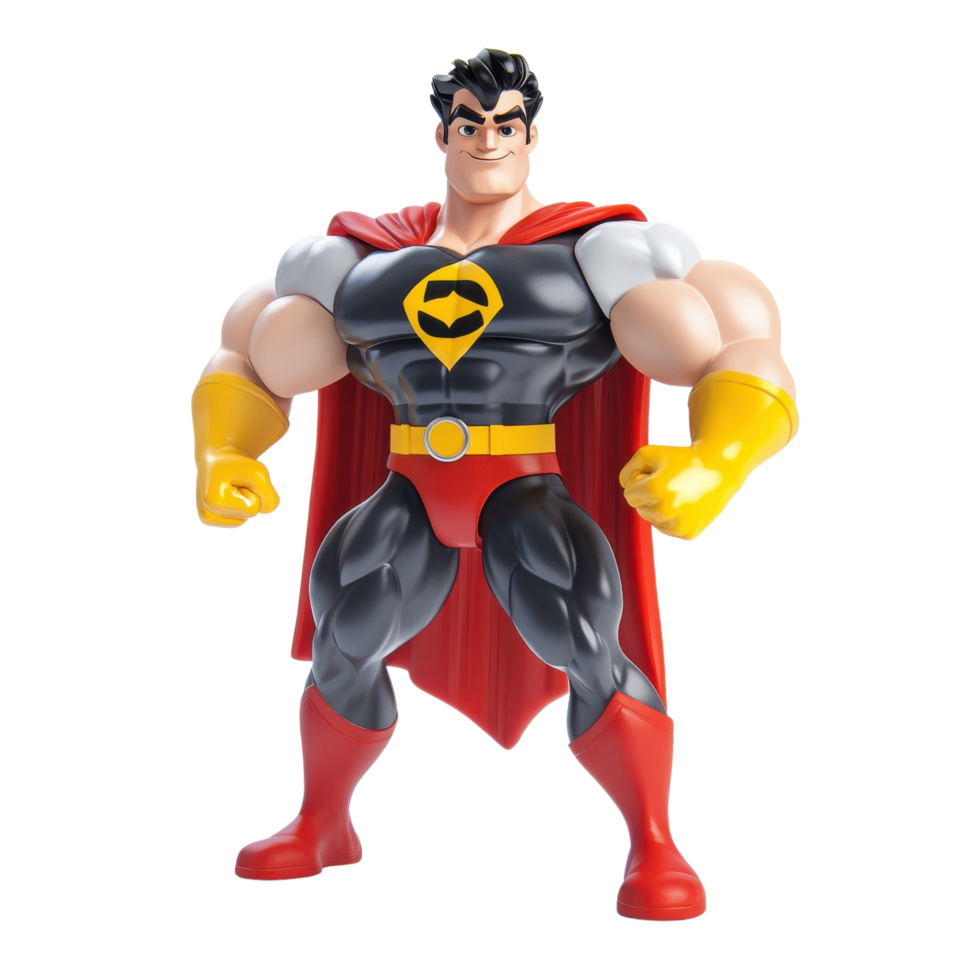Bold 3D Cartoon Style Superhero Action Figure with Exaggerated Muscles and Confident Pose, Isolated on Transparent Background png