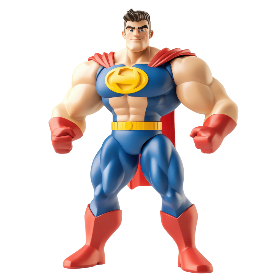 3D Cartoon Style Superhero Action Figure with Exaggerated Muscles, Confident Pose, Isolated on Transparent Background png