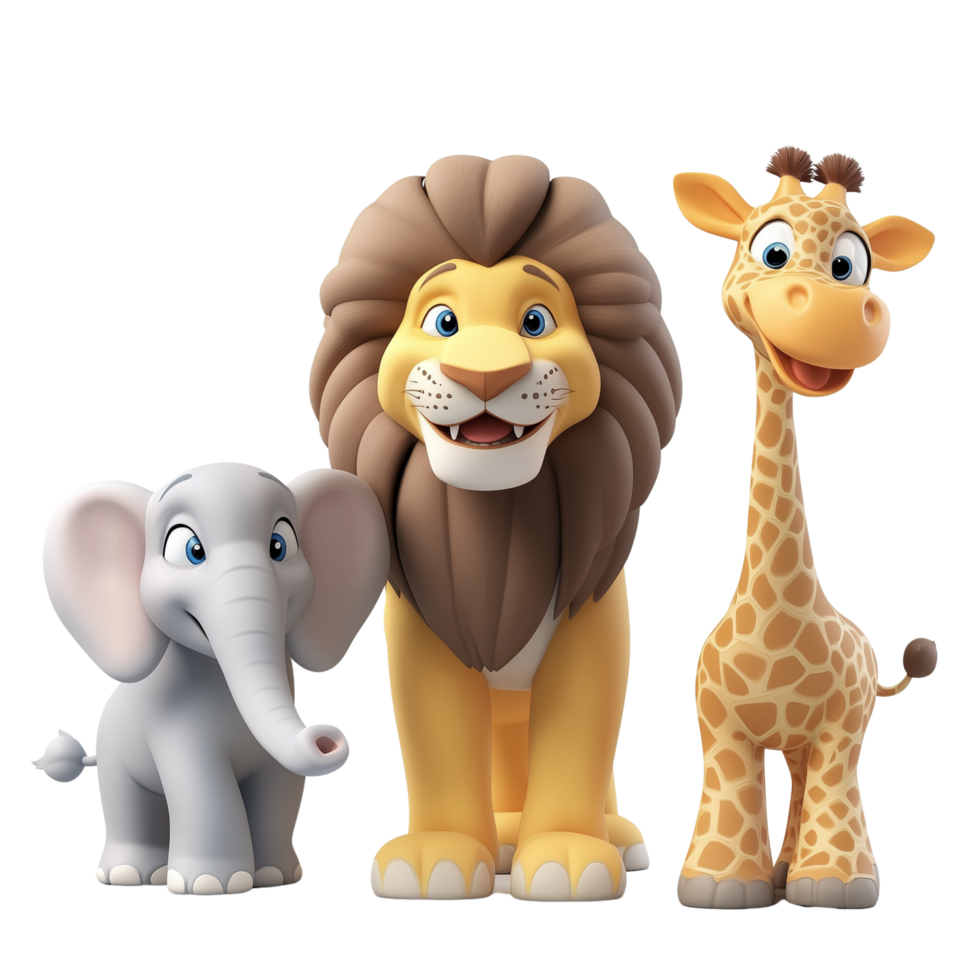 A 3D Safari Squad featuring a lion, giraffe, and elephant in a playful arrangement, isolated on transparent background png