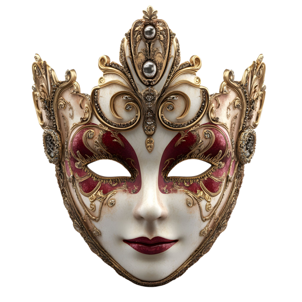 A 3D realistic carnival face mask with intricate details, colorful patterns, and bold features isolated on transparent background png