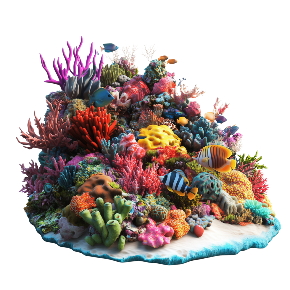 A 3D model of a vibrant coral reef teeming with lively colorful fish, isolated on transparent background png