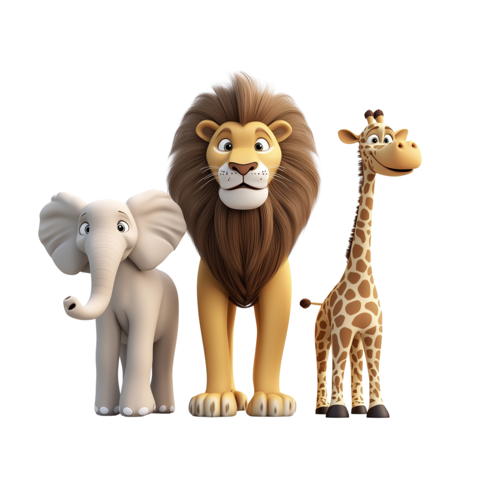 A 3D Safari Squad featuring a lion, elephant, and giraffe in playful poses, isolated on transparent background png