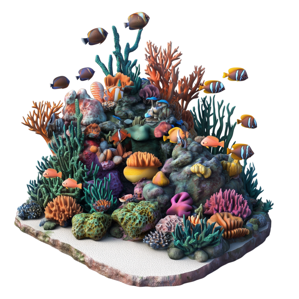 A 3D vibrant coral reef filled with colorful fish, isolated on transparent background png