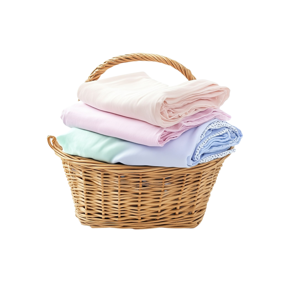 A basket of pastel-colored clothes folded neatly, isolated on transparent background png