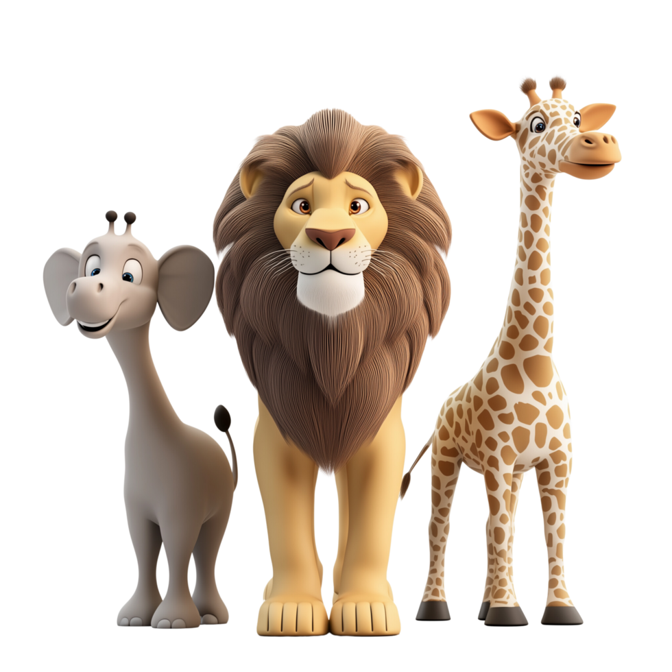 A 3D Safari Squad featuring lion, elephant, and giraffe standing side by side, isolated on transparent background png