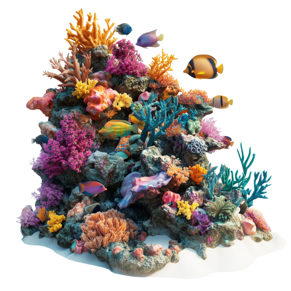 A beautiful vibrant coral reef with schools of colorful fish, isolated on transparent background png