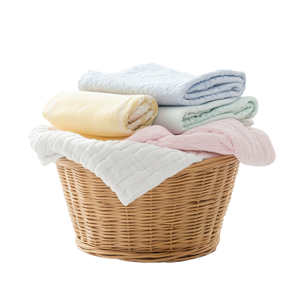 A basket filled with soft folded clothes in pastel shades, isolated on transparent background png