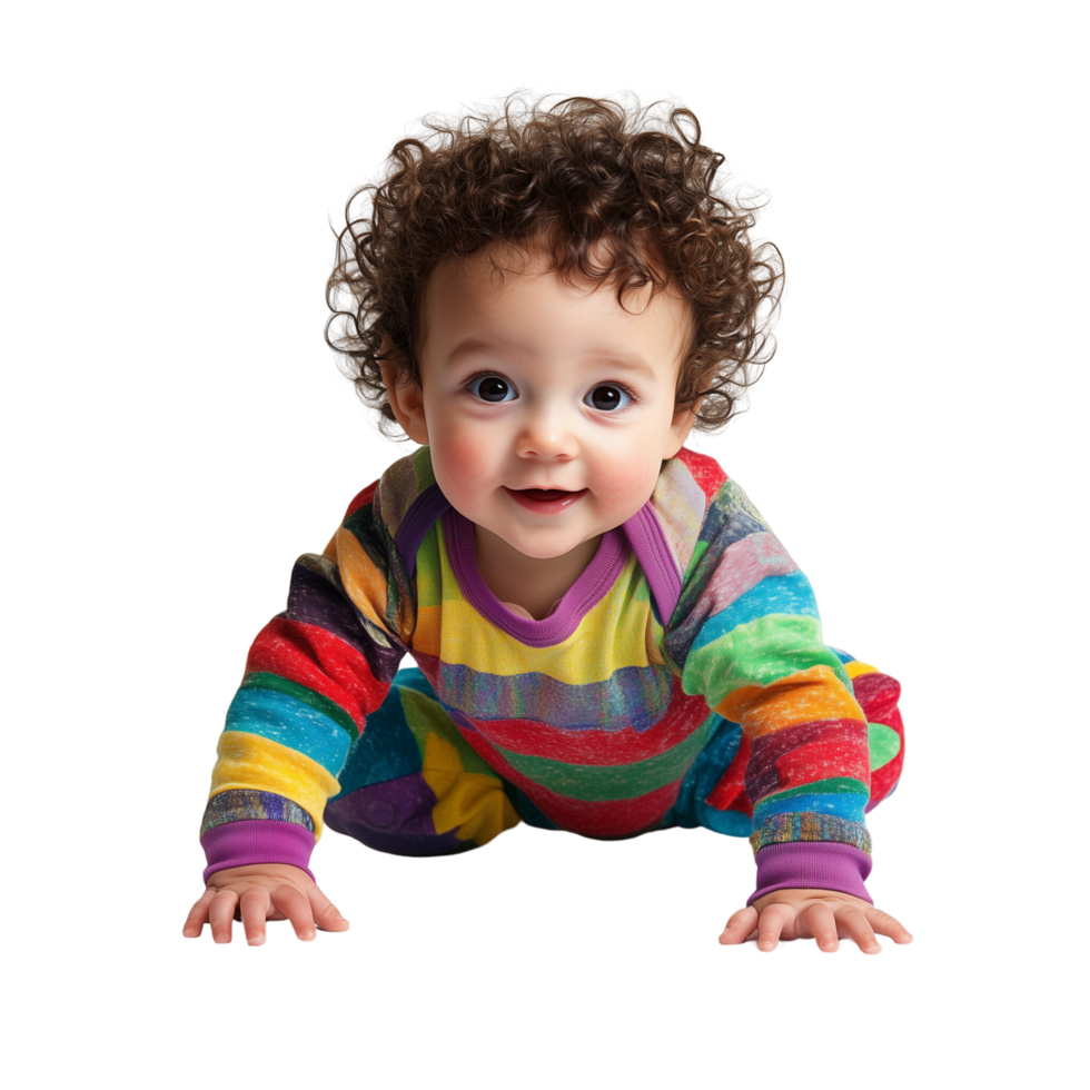 Adorable Baby with Curly Hair Taking First Steps Wearing a Bright Colorful Outfit Full of Curiosity and Determination png