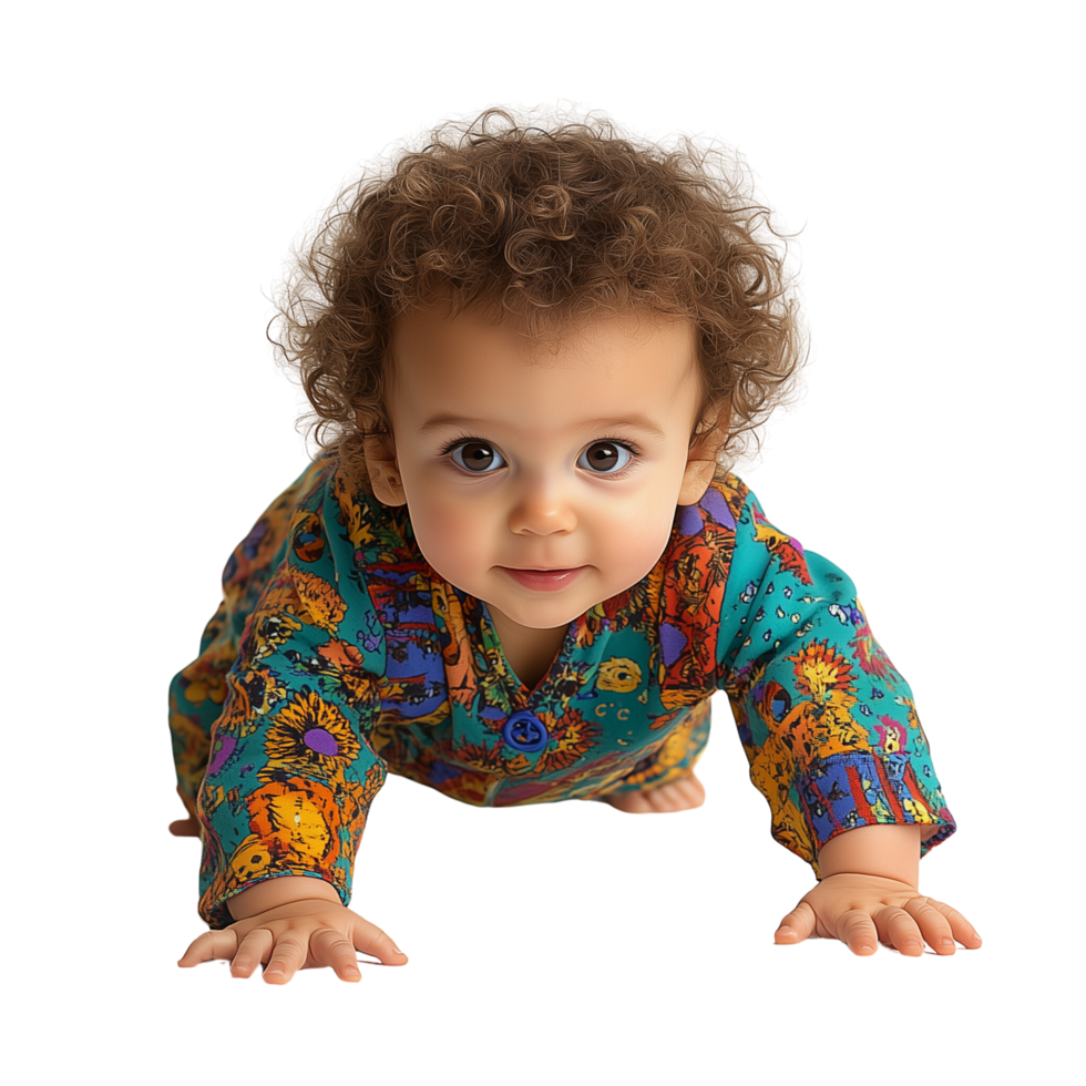 Baby with Curly Hair Exploring First Steps in Colorful Outfit Radiating Curiosity and Determination Isolated on Transparent Background png