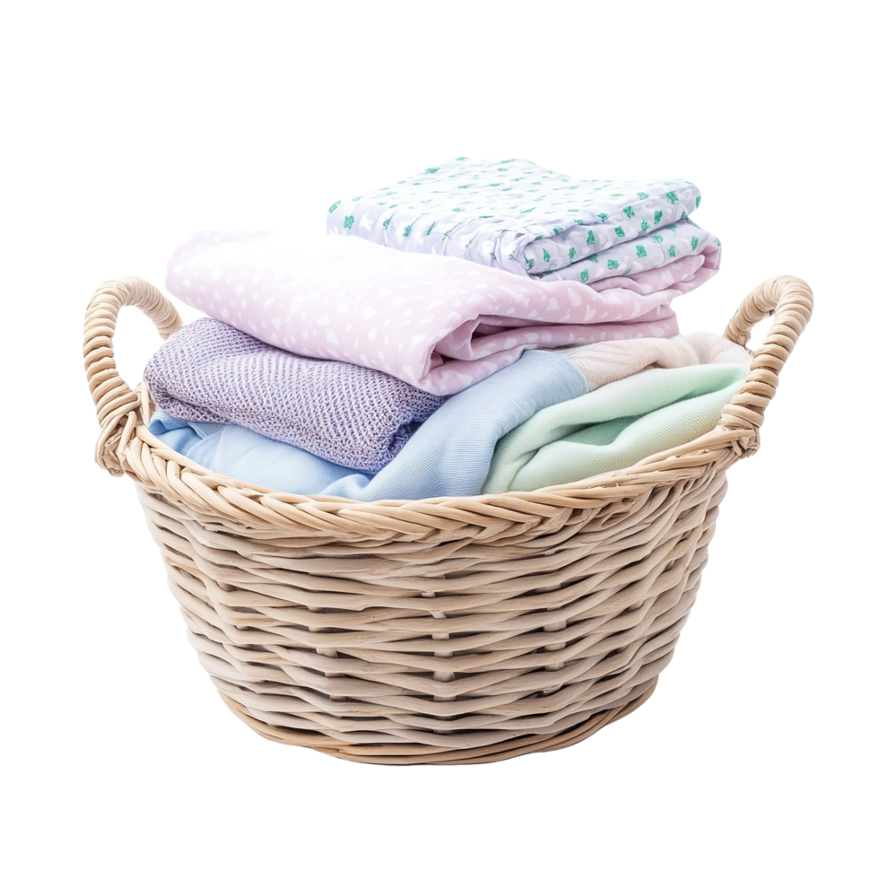 A basket filled with neatly folded soft fabrics in pastel colors, isolated on transparent background png