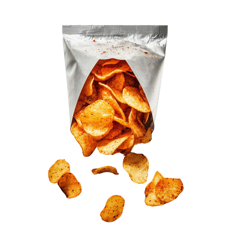 Spicy Chips Bag Partially Open with Chips Spilling Out on a Clear Transparent Background png