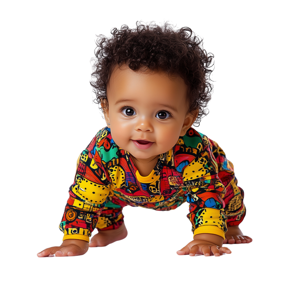 Curious Baby with Curly Hair Taking First Steps in Colorful Outfit Determined and Excited Isolated on Transparent Background png