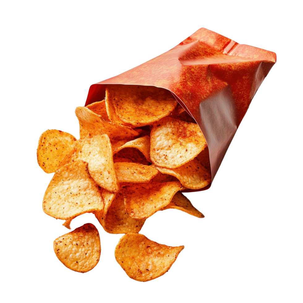 Partially Open Bag of Spicy Chips with Chips Spilling Out Isolated on Transparent Background png