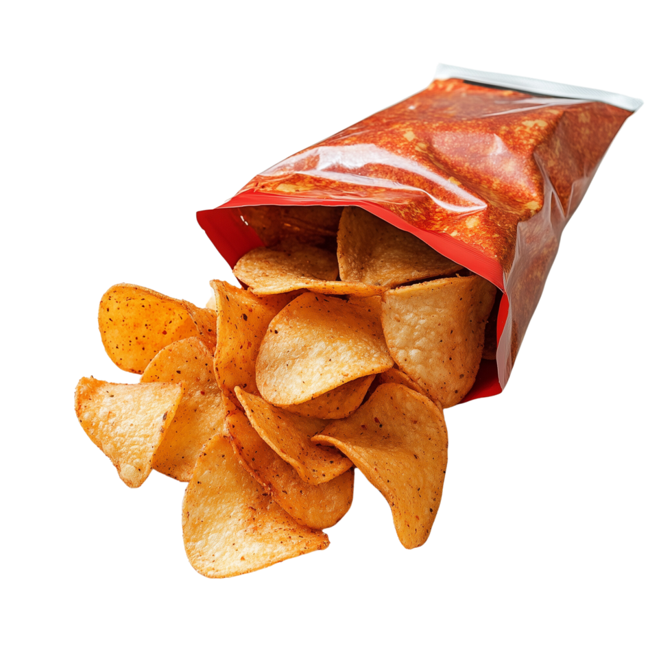 A Bag of Spicy Flavored Chips Partially Open With Chips Spilling Out on Transparent Background png