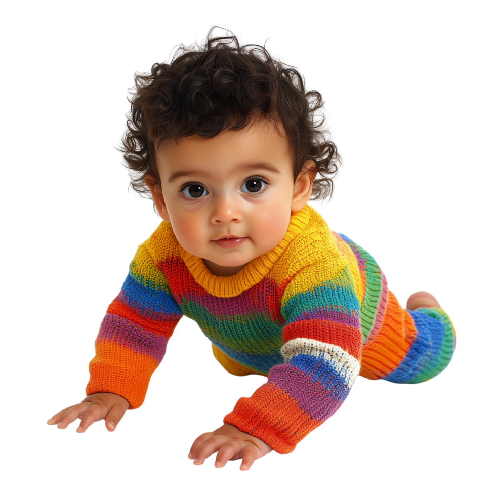 Cute Baby with Curly Hair Making First Steps in Colorful Outfit Showing Curiosity and Determination Isolated on Transparent Background png
