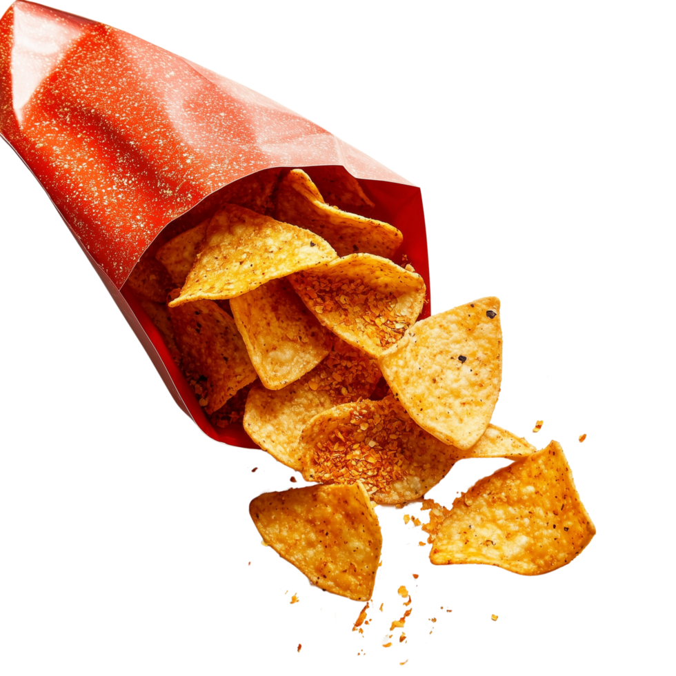 A Partially Open Bag of Spicy Flavored Chips with Crispy Chips Spilling Out Isolated on a Transparent Background png