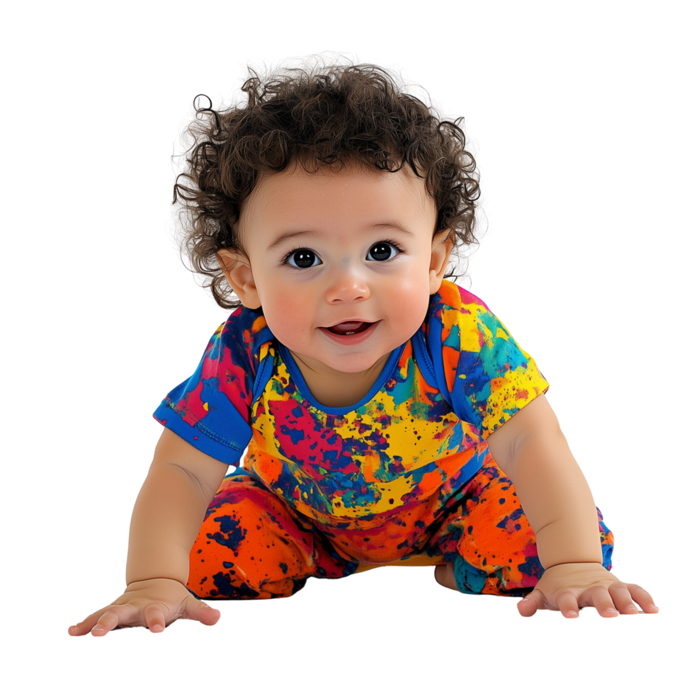 Baby with Curly Hair Taking First Steps Looking Curious and Determined in Colorful Outfit Isolated on Transparent Background png