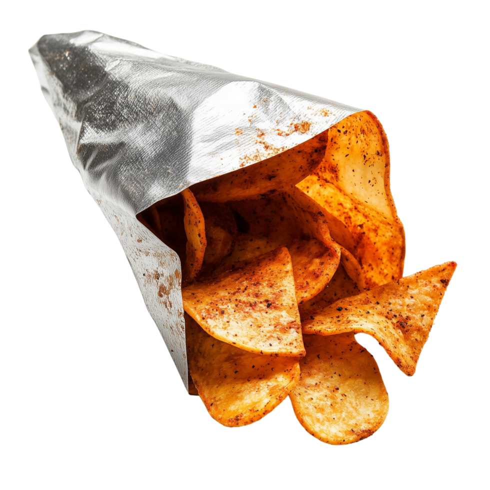 A Bag of Spicy Crunchy Chips Slightly Open with Some Chips Scattered Around on a Transparent Background png