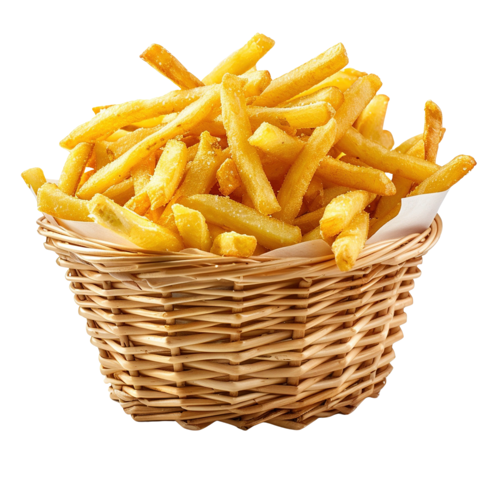 A basket of crispy golden French fries piled high, isolated on transparent background png