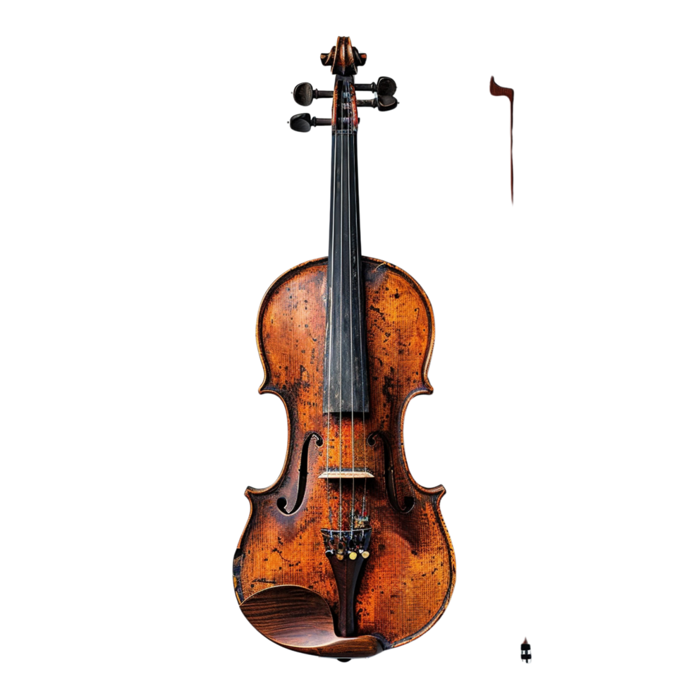 Exquisite handcrafted violin with strings and bow, Isolated on transparent Background png
