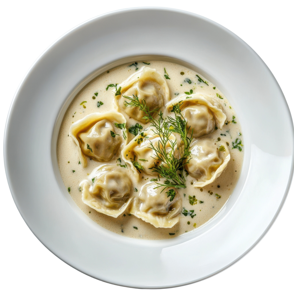 Tender Dumplings in a Luscious Cream Sauce Garnished with Fresh Herbs Isolated on a Transparent Background png