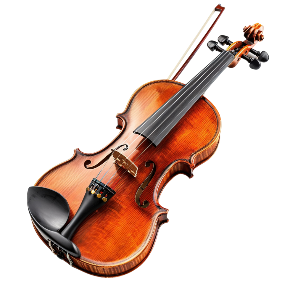 Detailed handcrafted violin with strings and bow, showcasing musical craftsmanship, Isolated on transparent Background png