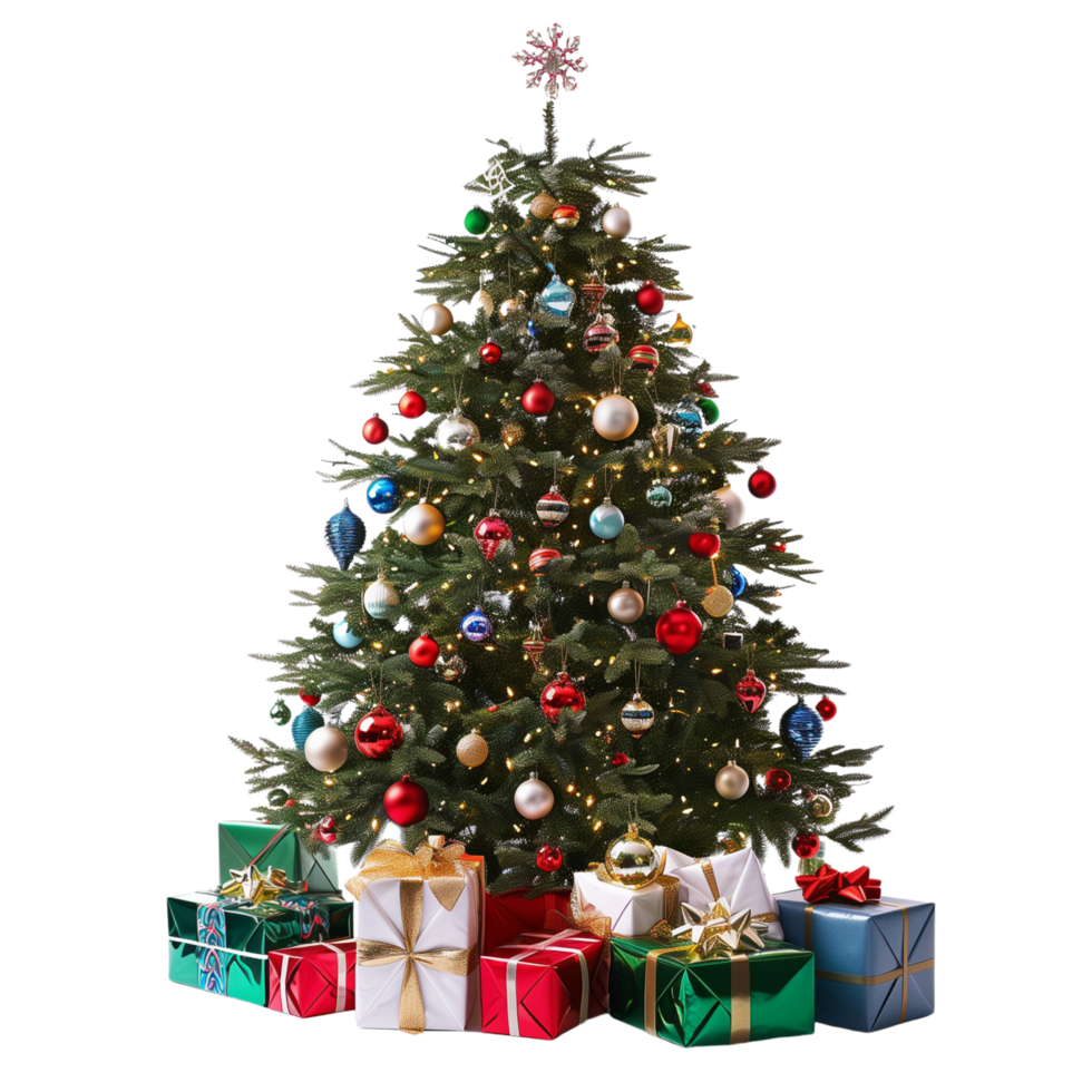 Festive Christmas Tree with Bright Ornaments and Presents Beneath it Isolated on a Transparent Background png