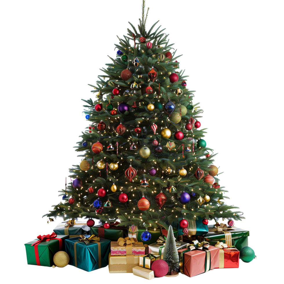 Elegant Christmas Tree with Colorful Baubles and Wrapped Presents Placed Underneath on a Transparent Backdrop png
