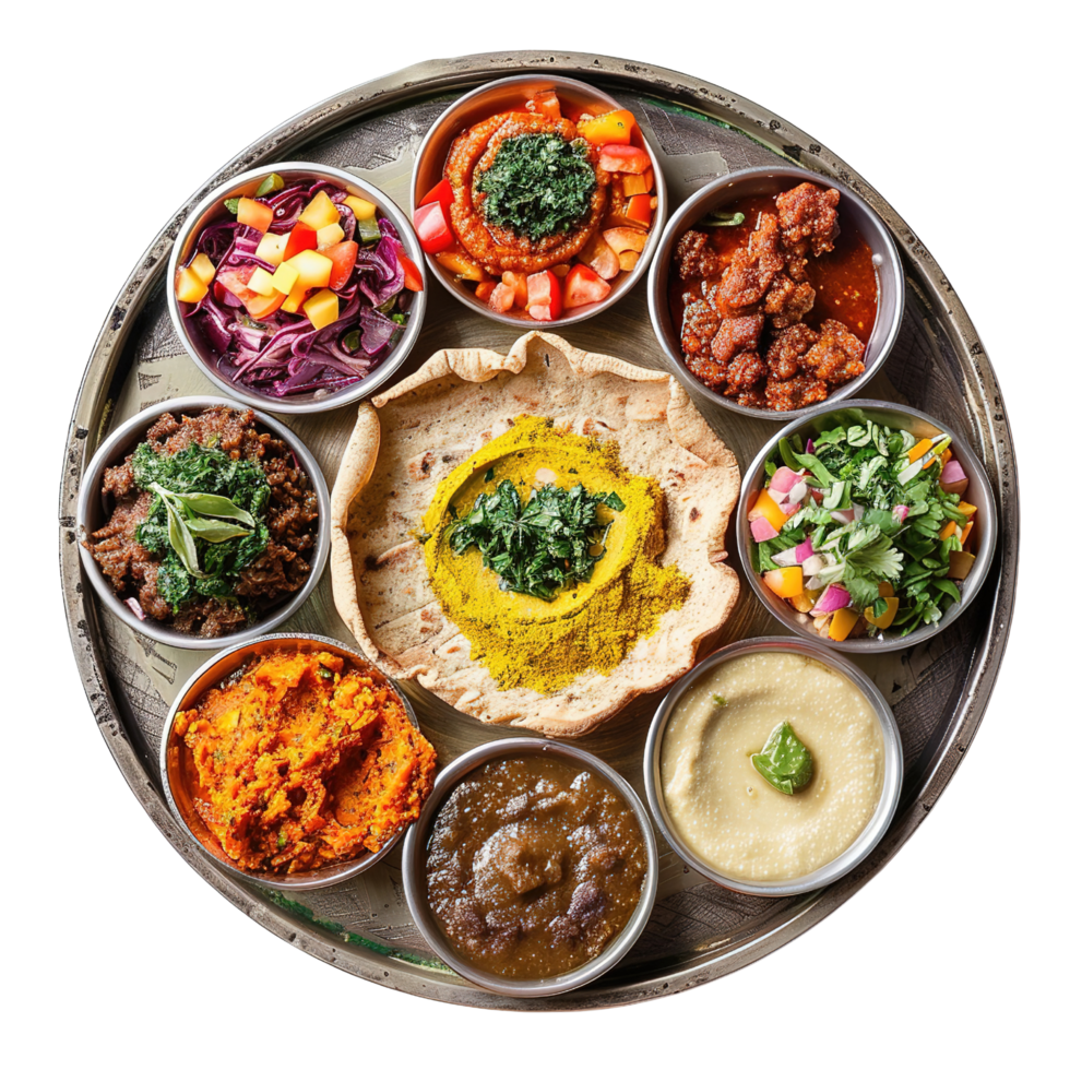 A beautifully arranged Ethiopian injera platter with vibrant stews, isolated on transparent Background png