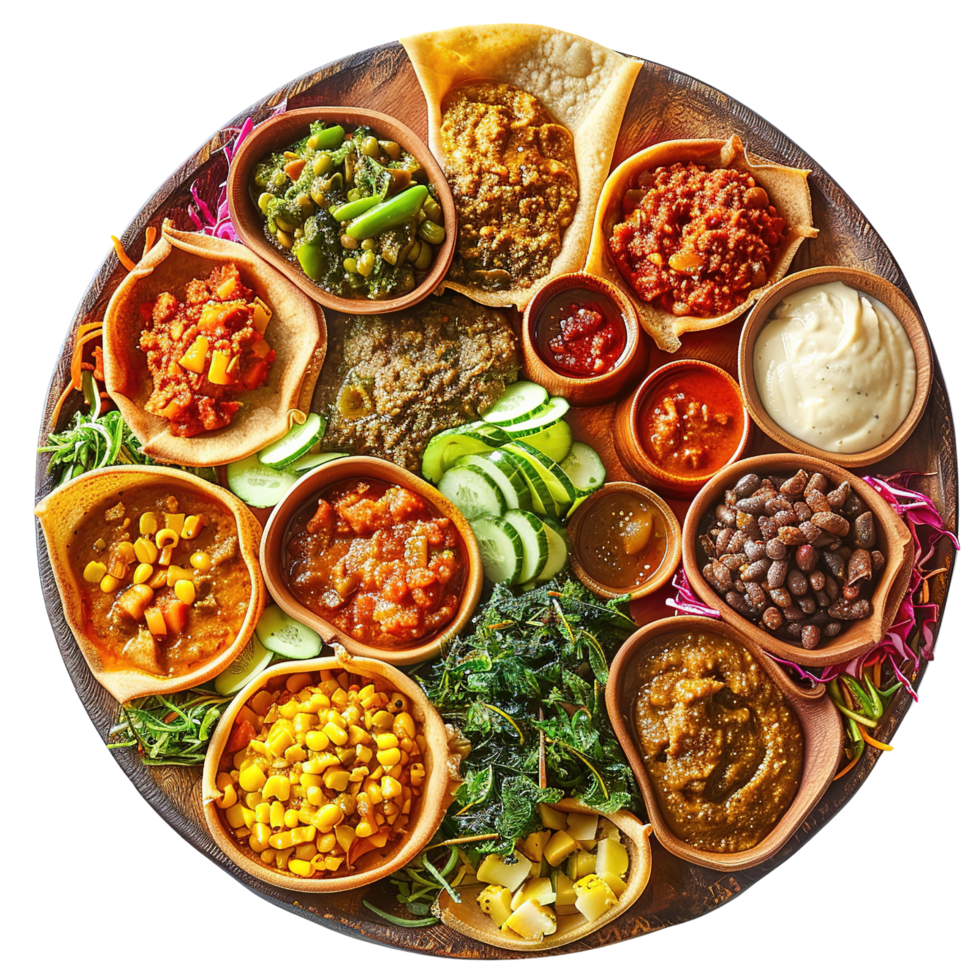 A beautifully arranged platter of Ethiopian injera with spicy stews, isolated on transparent Background png