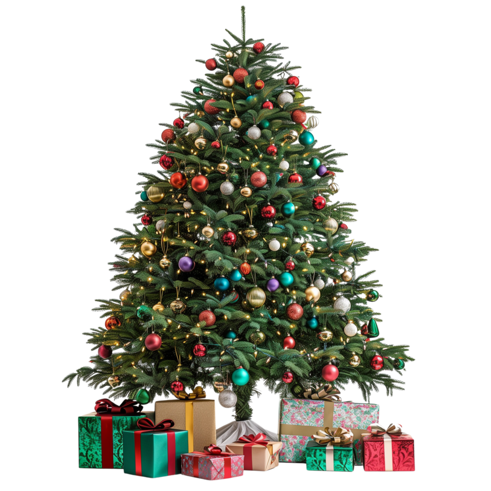 A beautifully Christmas tree with colorful ornaments and gifts under it, isolated on transparent background png