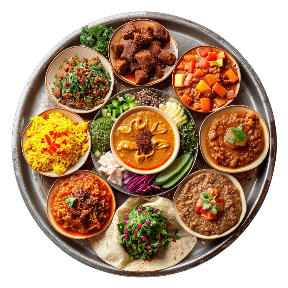 A beautifully arranged platter of Ethiopian injera with colorful spicy stews, isolated on transparent Background png