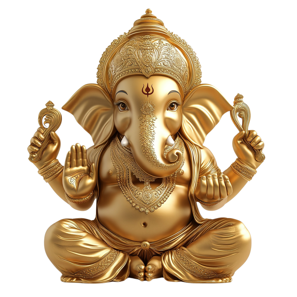 A beautifully golden idol of Lord Ganesh, isolated transparent background png