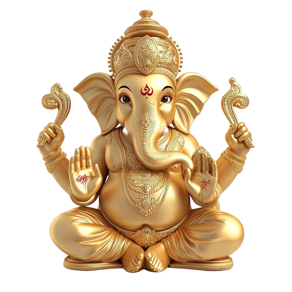 A beautifully golden idol of Lord Ganesh, isolated on transparent background png