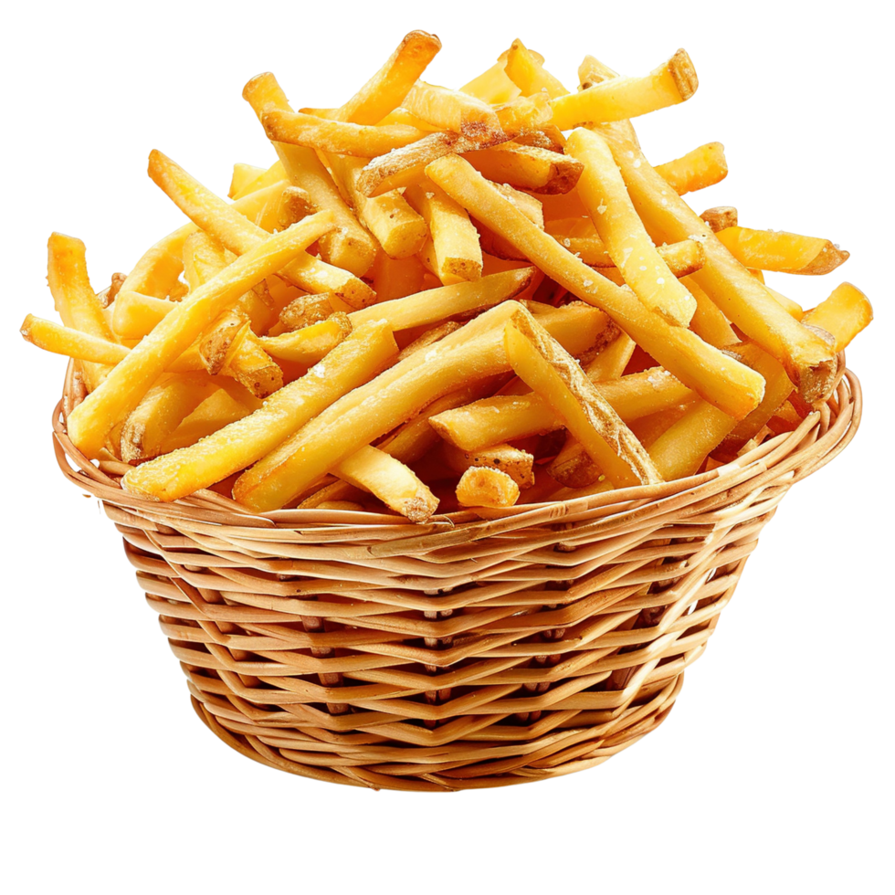 A basket filled with golden crispy French fries, piled high, isolated on transparent background png