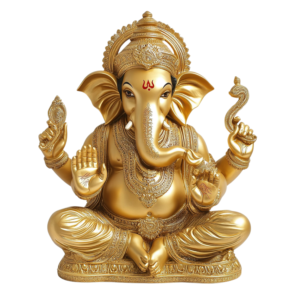 A beautifully detailed golden idol of Lord Ganesh, isolated transparent background png