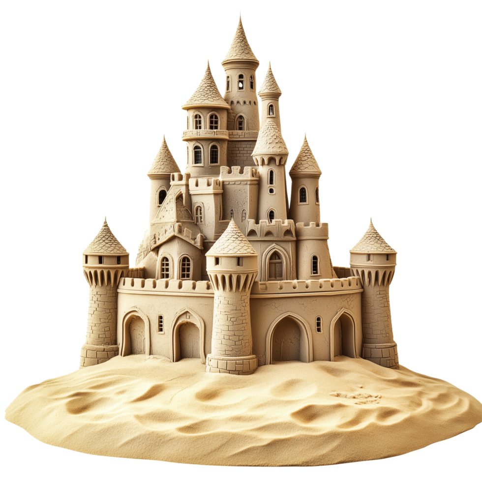 Majestic sandcastle with detailed windows and doors, standing on a golden shore, Isolated on transparent Background png