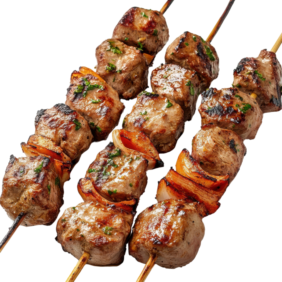 Grilled Shashlik Meat Skewers with Marinade, Isolated on Transparent Background png