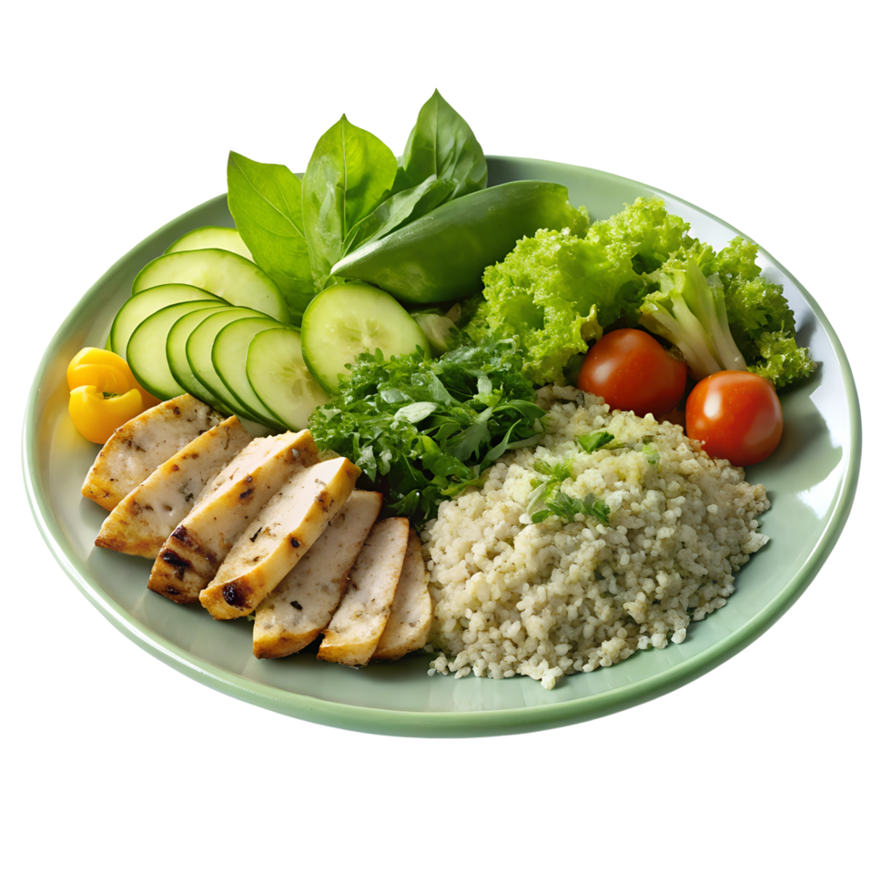 Wholesome Meal with Grilled Chicken, Quinoa, and Fresh Vegetables Isolated on Transparent Background png
