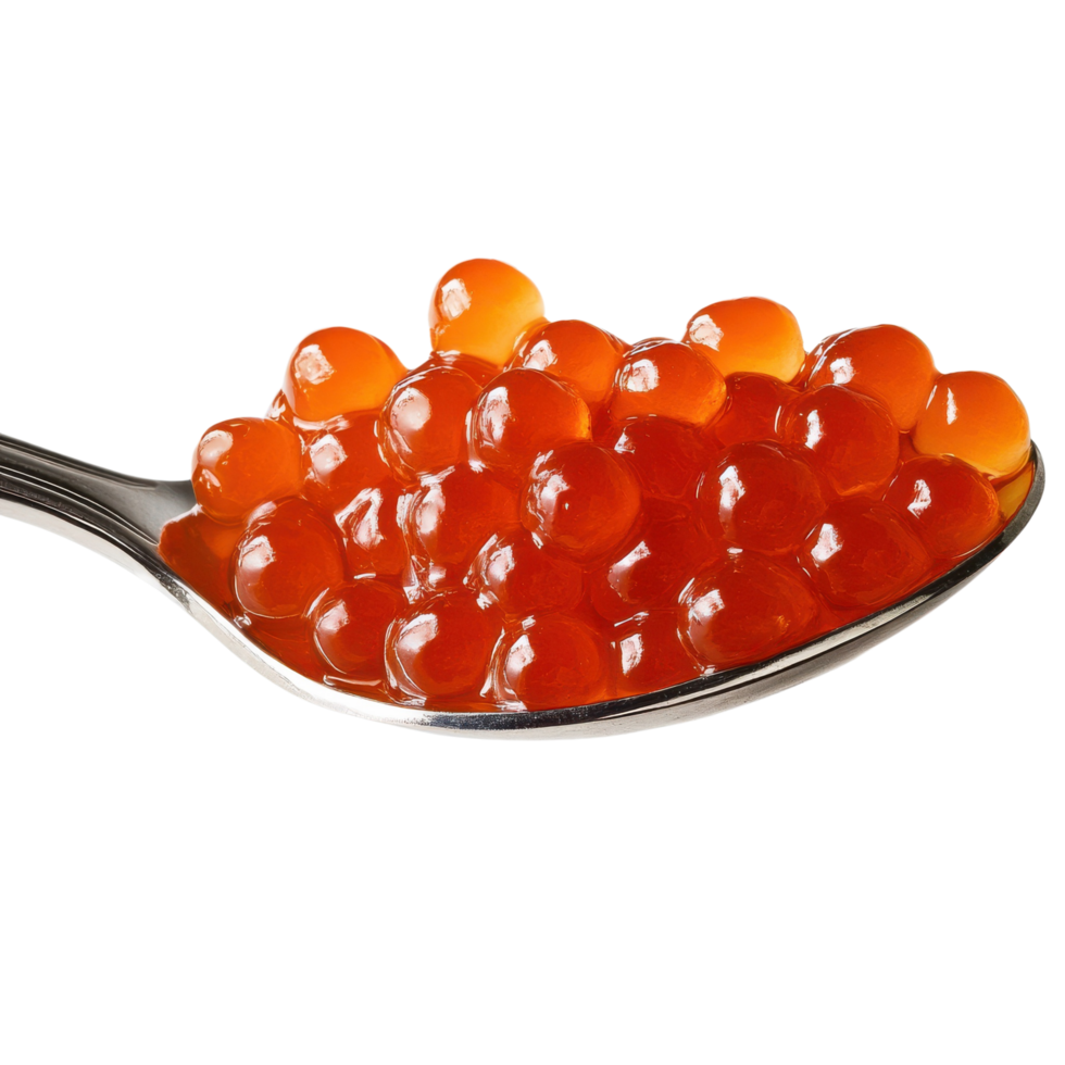 Premium Salmon Roe on Silver Spoon, Isolated on Transparent Background png