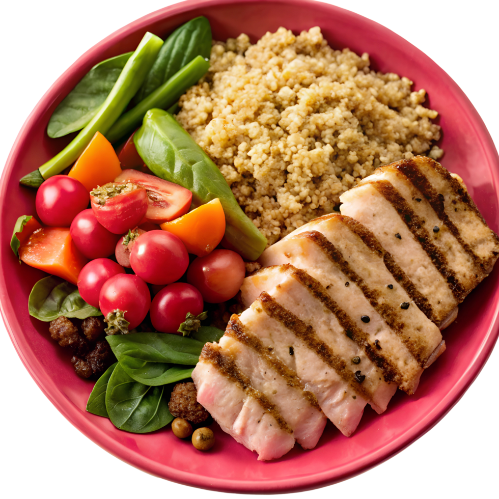 Healthy Gourmet Plate with Grilled Chicken, Quinoa, and Vegetables Isolated on Transparent Background png
